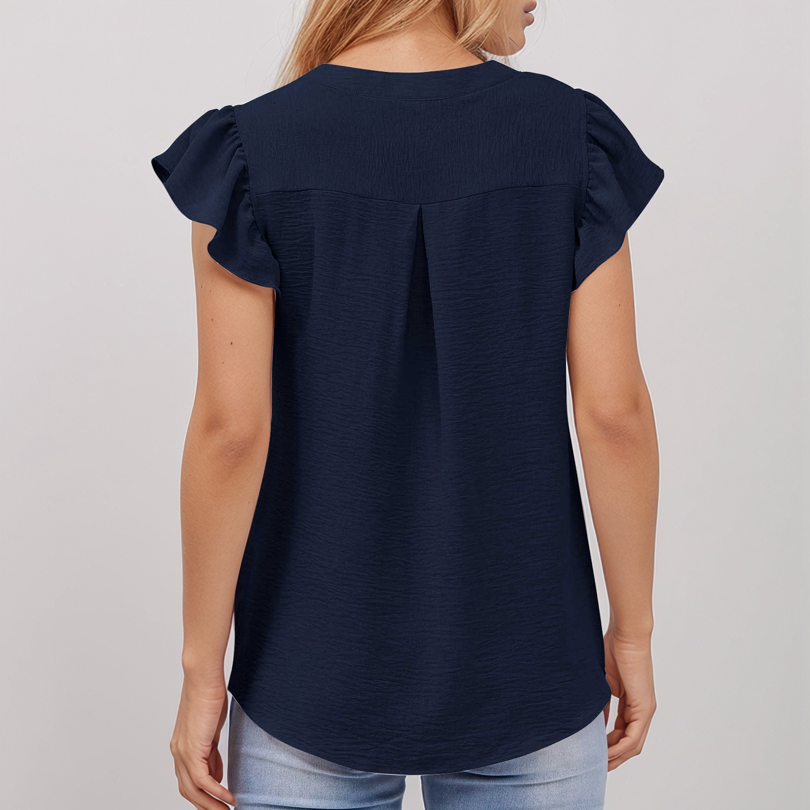 thumbnail image 4 of Blusa elegante informal con volantes en las mangas y cuello en V texturizado para mujer - Top de verano para el trabajo, 4 of 7